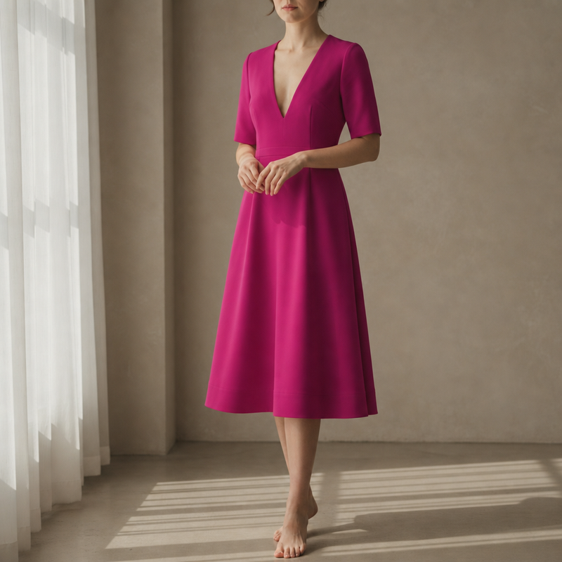 Eze Deep V-Neck Midi Dress in Dark Pink