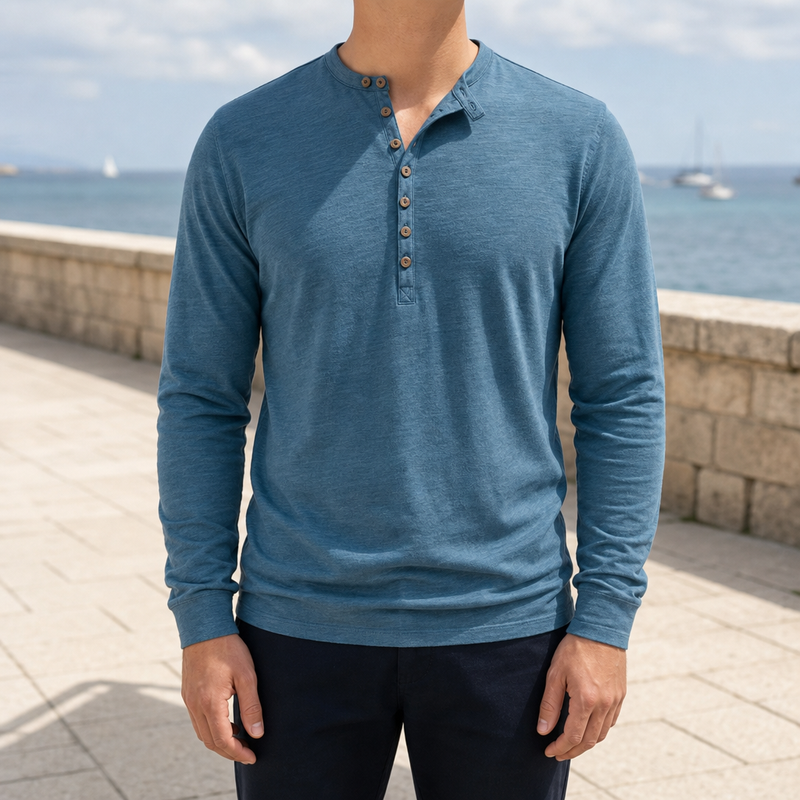 Soller Long Sleeve Henley Shirt in Denim Blue