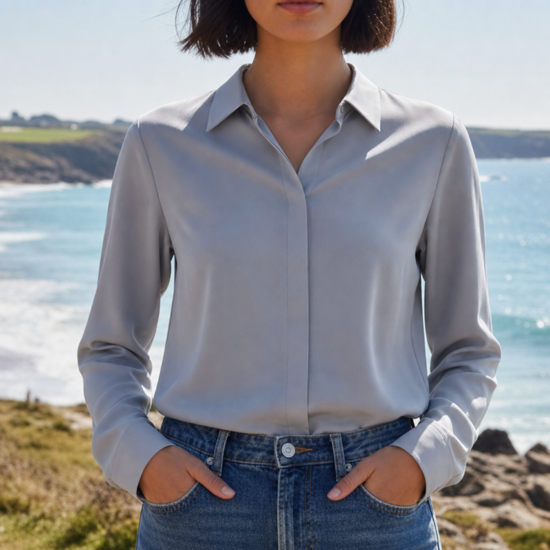 Paros Hidden Button Blouse in Gray