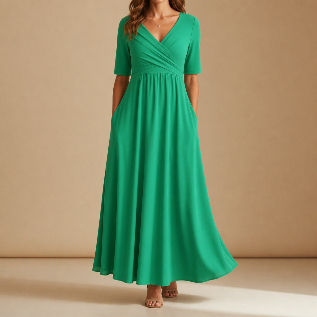 Chios Crossover Bodice Midi Dress in Green