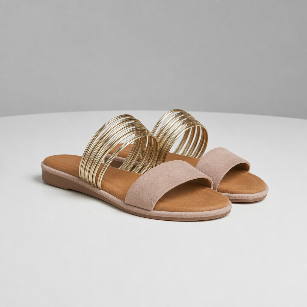 Nafplio Gold Strap Slide Sandals in Khaki