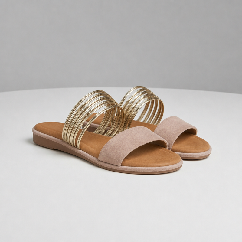 Nafplio Gold Strap Slide Sandals in Khaki