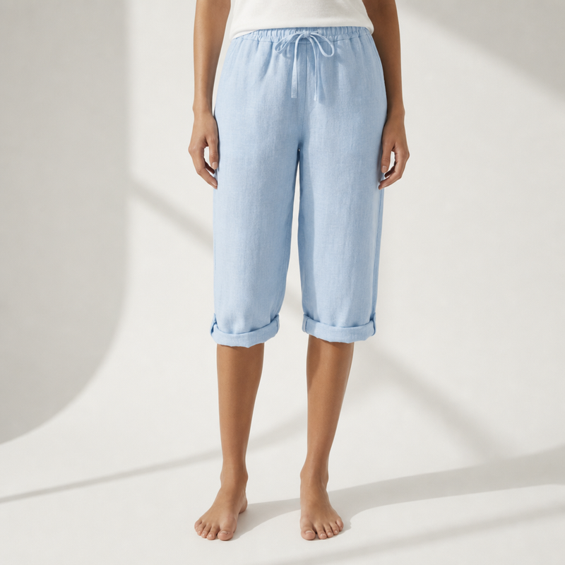 Porquerolles Linen Drawstring Bermuda Shorts in Light Blue