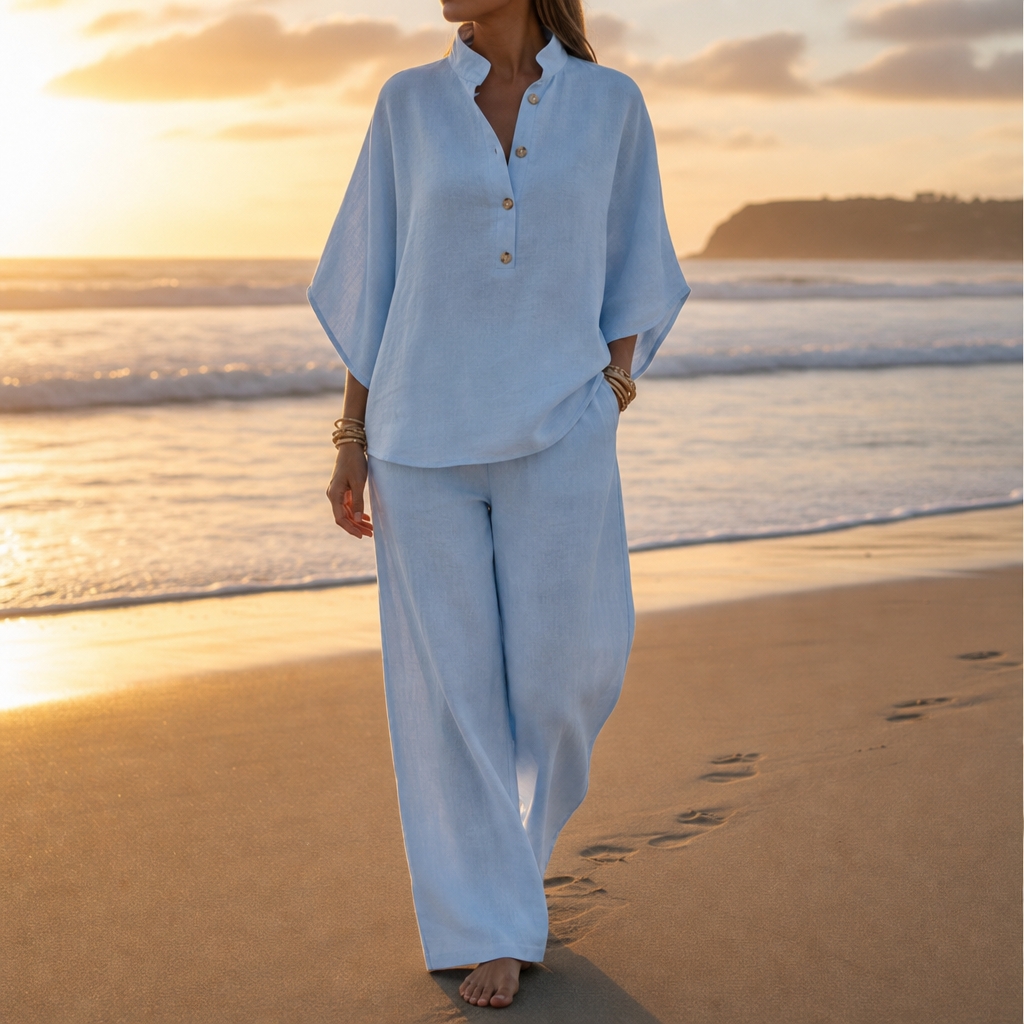 Mojacar Linen Kimono Sleeve Set in Light BLue