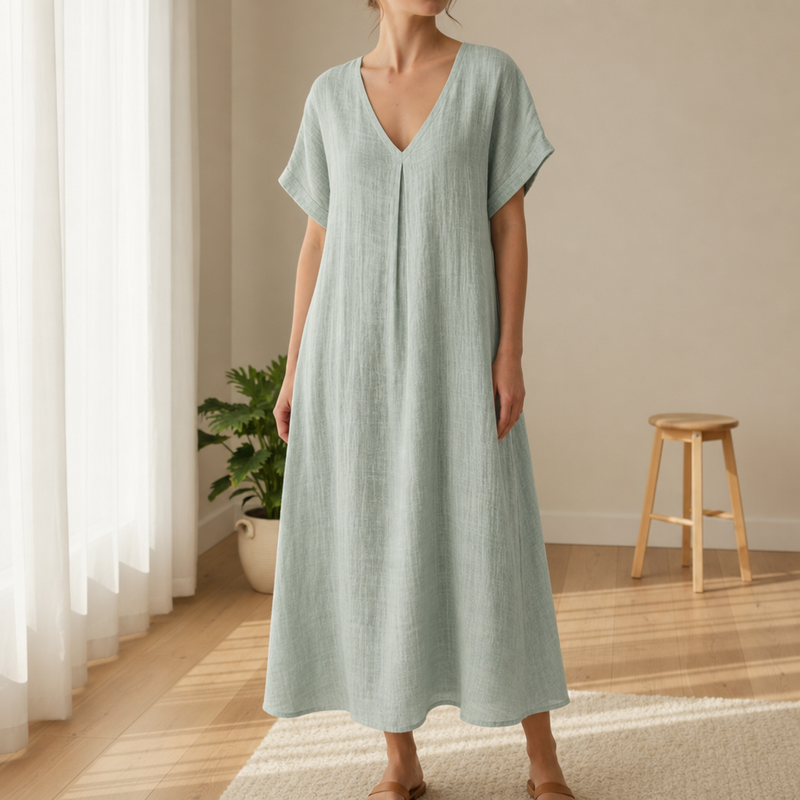 Monreale Relaxed Linen Midi Dress in Light Green