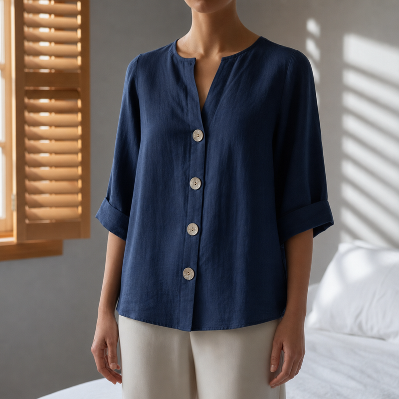 Spetses Linen Button-Up Blouse in Navy Blue