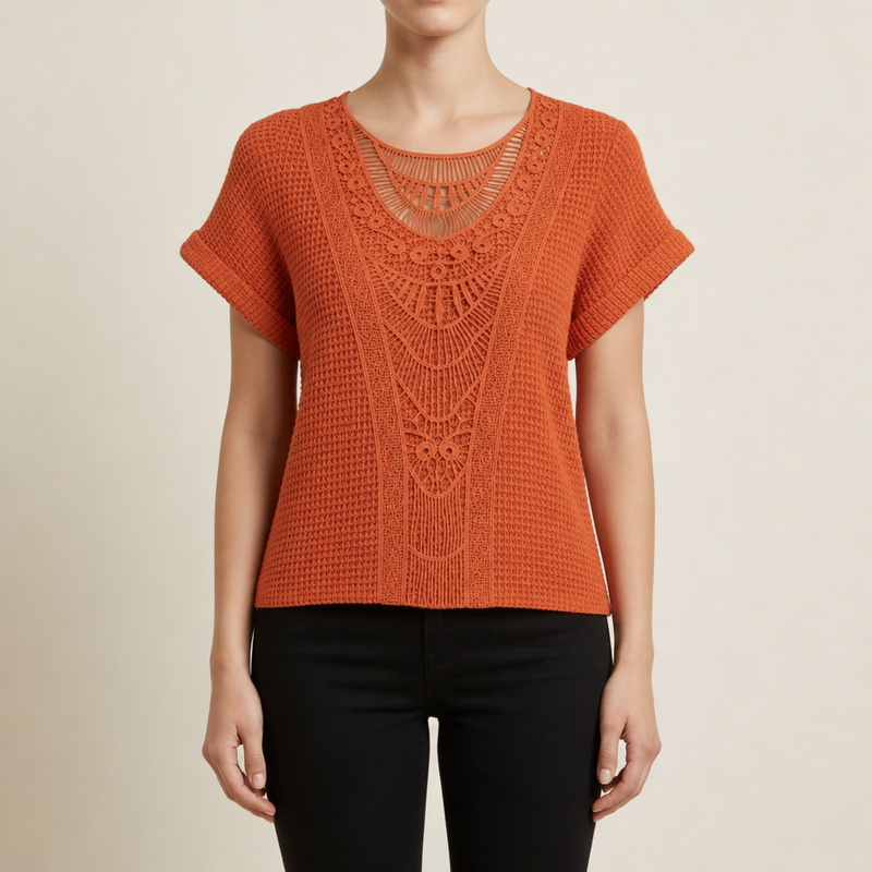Montepulciano Crochet Lace Knit Blouse in Orange
