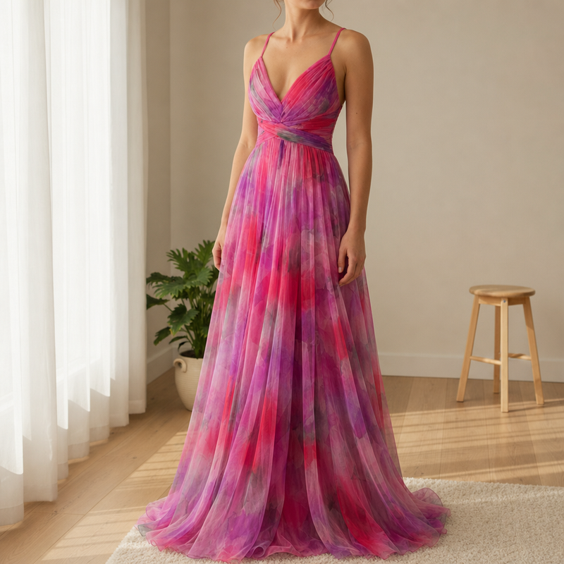 Skiathos Floral Chiffon Maxi Dress in Pink