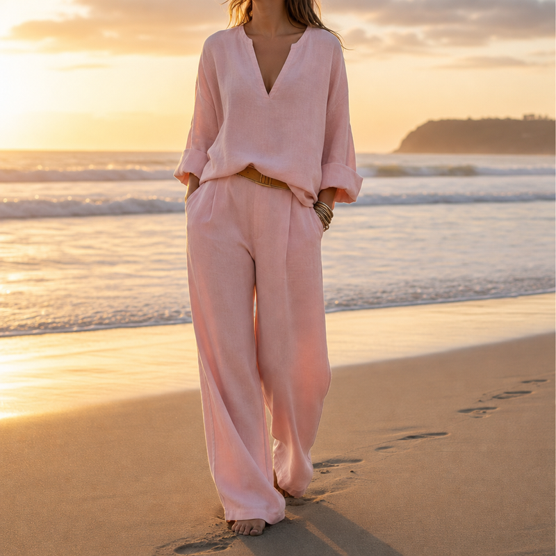 Javea Linen Wide Leg Set in Pink