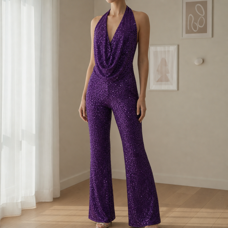 Lacoste Sequin Halter Jumpsuit in Purple