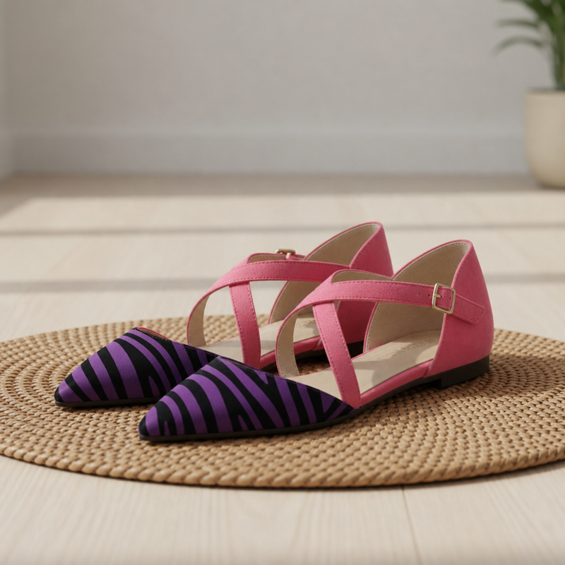 Volterra Zebra Print Cross-Strap Flats in Purple