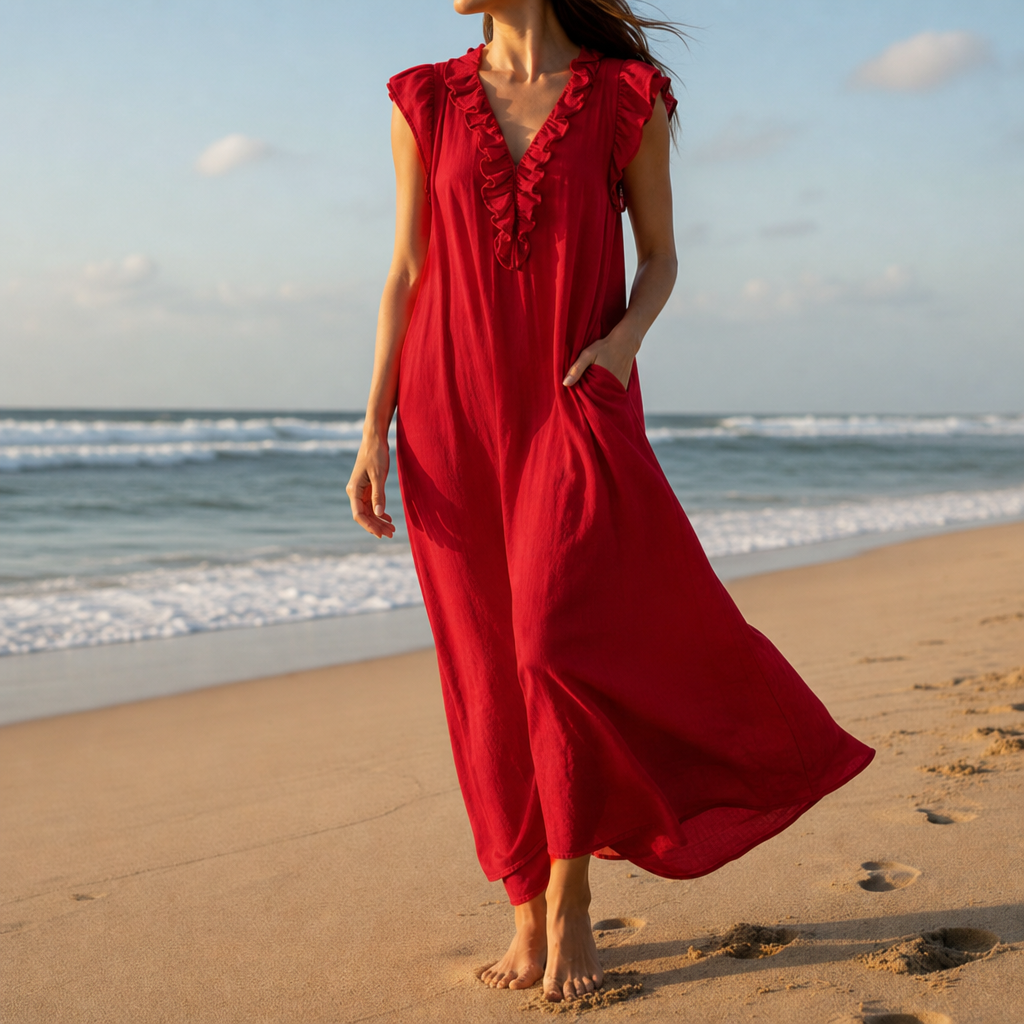 Folegandros Ruffle V-Neck Maxi Dress in Red