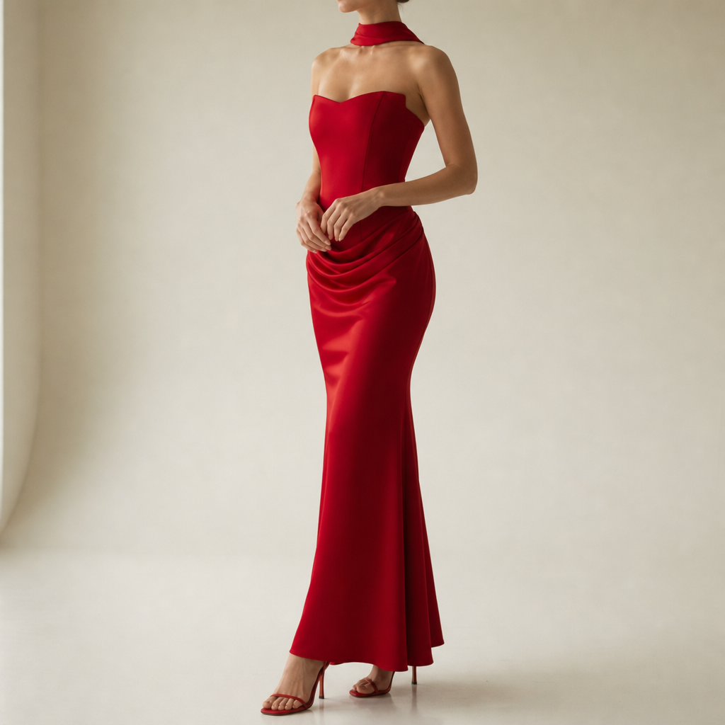 Kardamyli Corset Satin Maxi Dress in Red