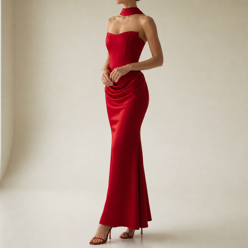 Kardamyli Corset Satin Maxi Dress in Red