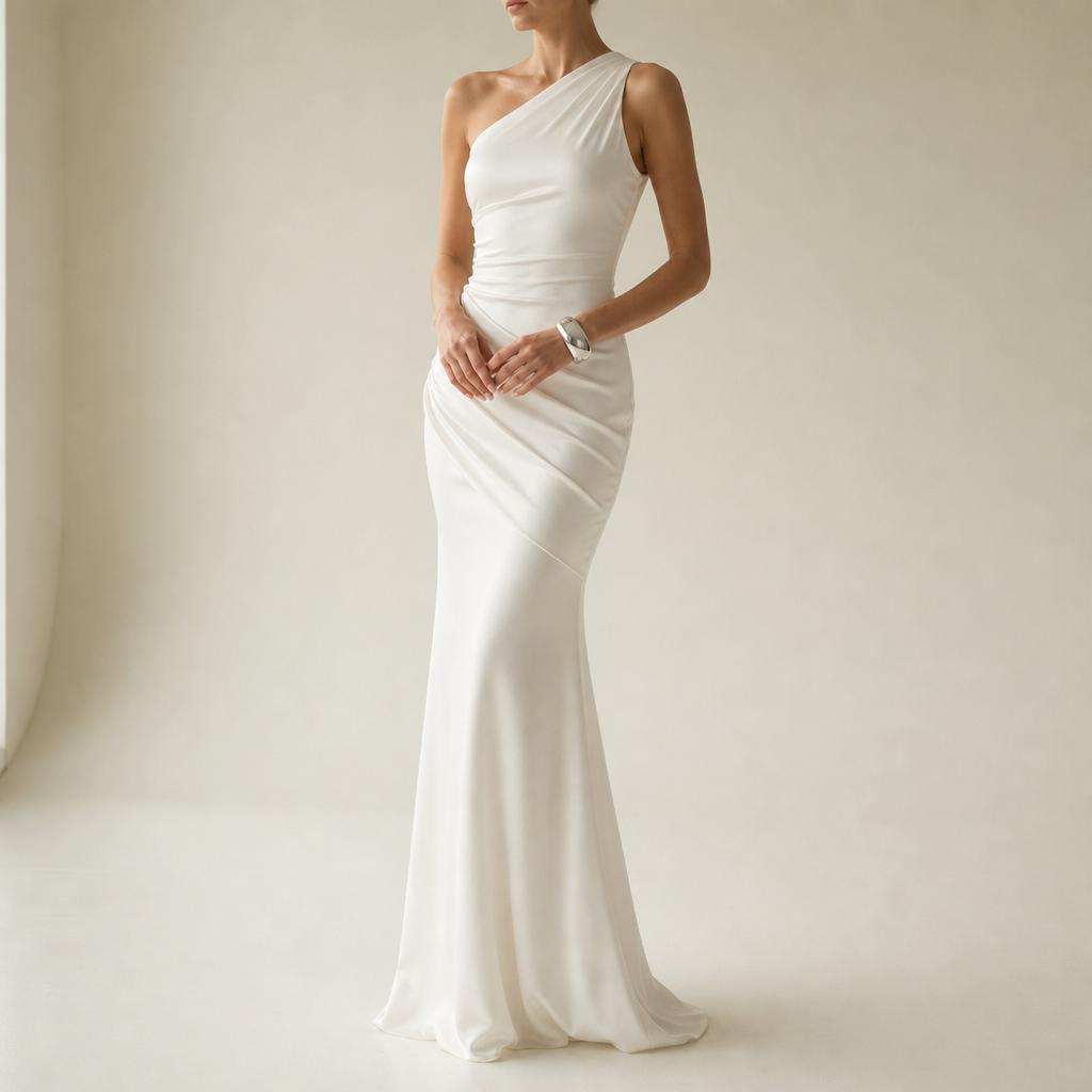 Baeza One Shoulder Satin Gown in White