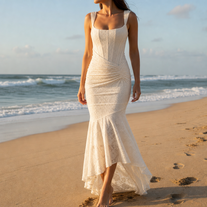 Sperlonga Lace High-Low Mermaid Dress in White