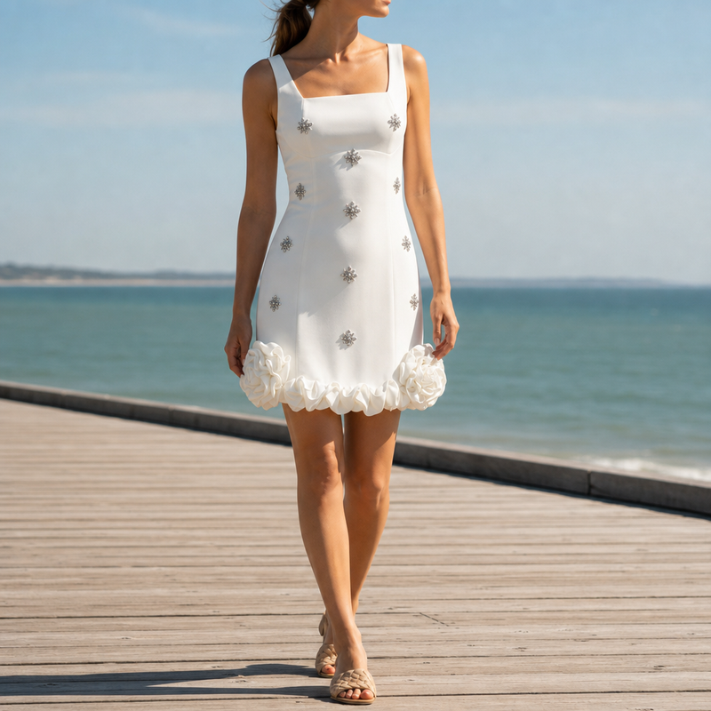 Grasse Rhinestone Ruffle Mini Dress in White