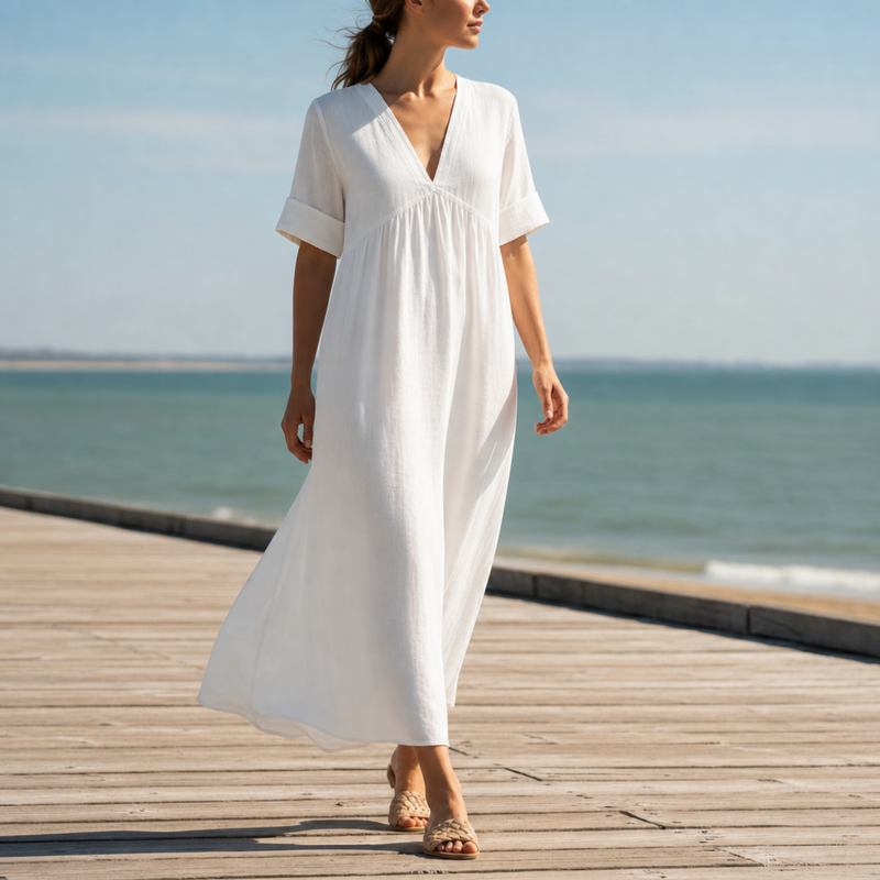 Biot Linen V-Neck Maxi Dress in White