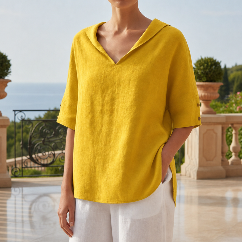 Malaga Linen V-Neck Blouse in Yellow