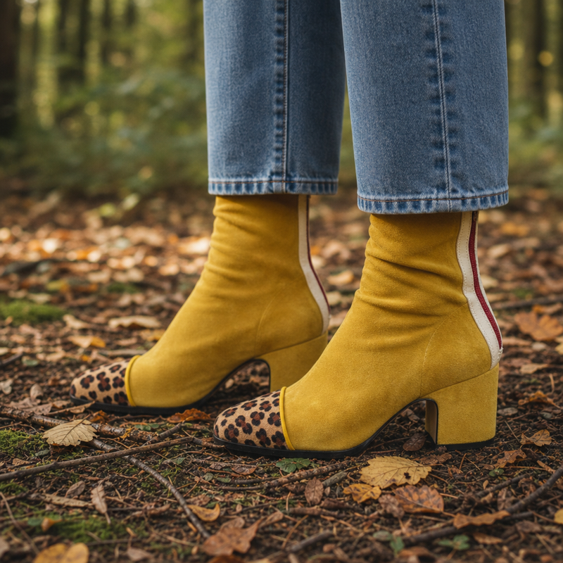Andros Suede Block Heel Boots in Yellow