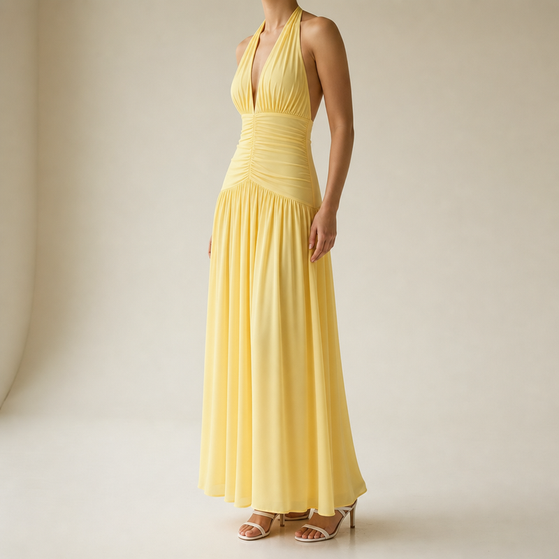 Anzio Ruched Halter Maxi Dress in Yellow