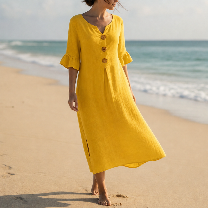 Narbonne Button Front Midi Dress in Yellow