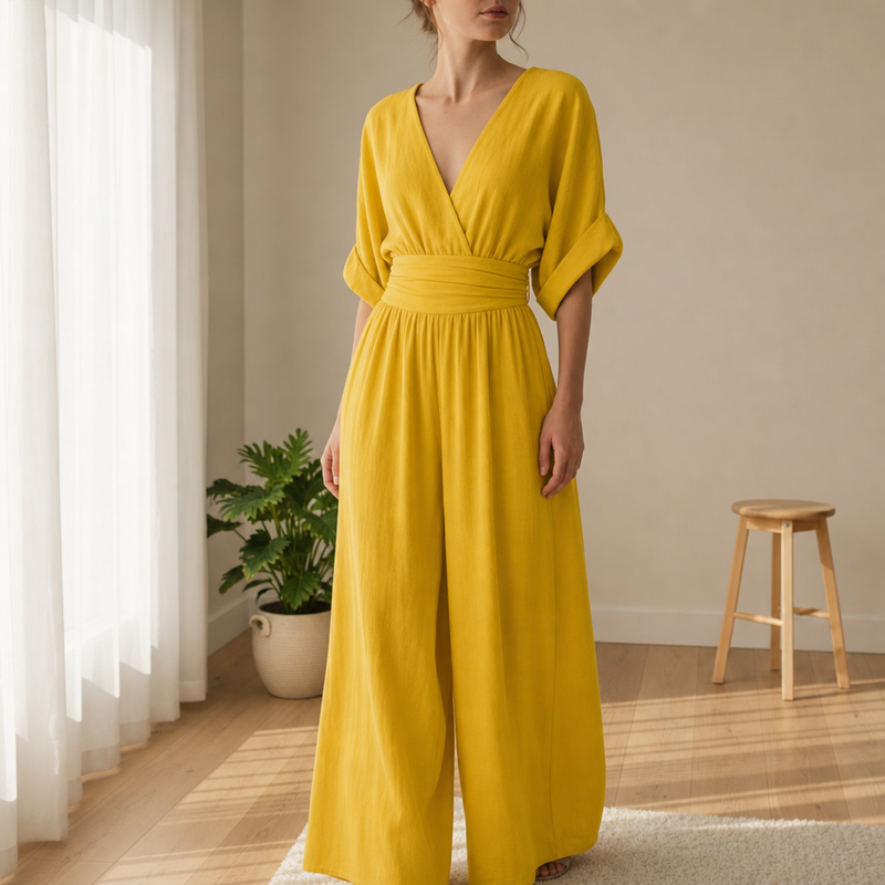 Serifos V-Neck Wide-Leg Jumpsuit in Yellow
