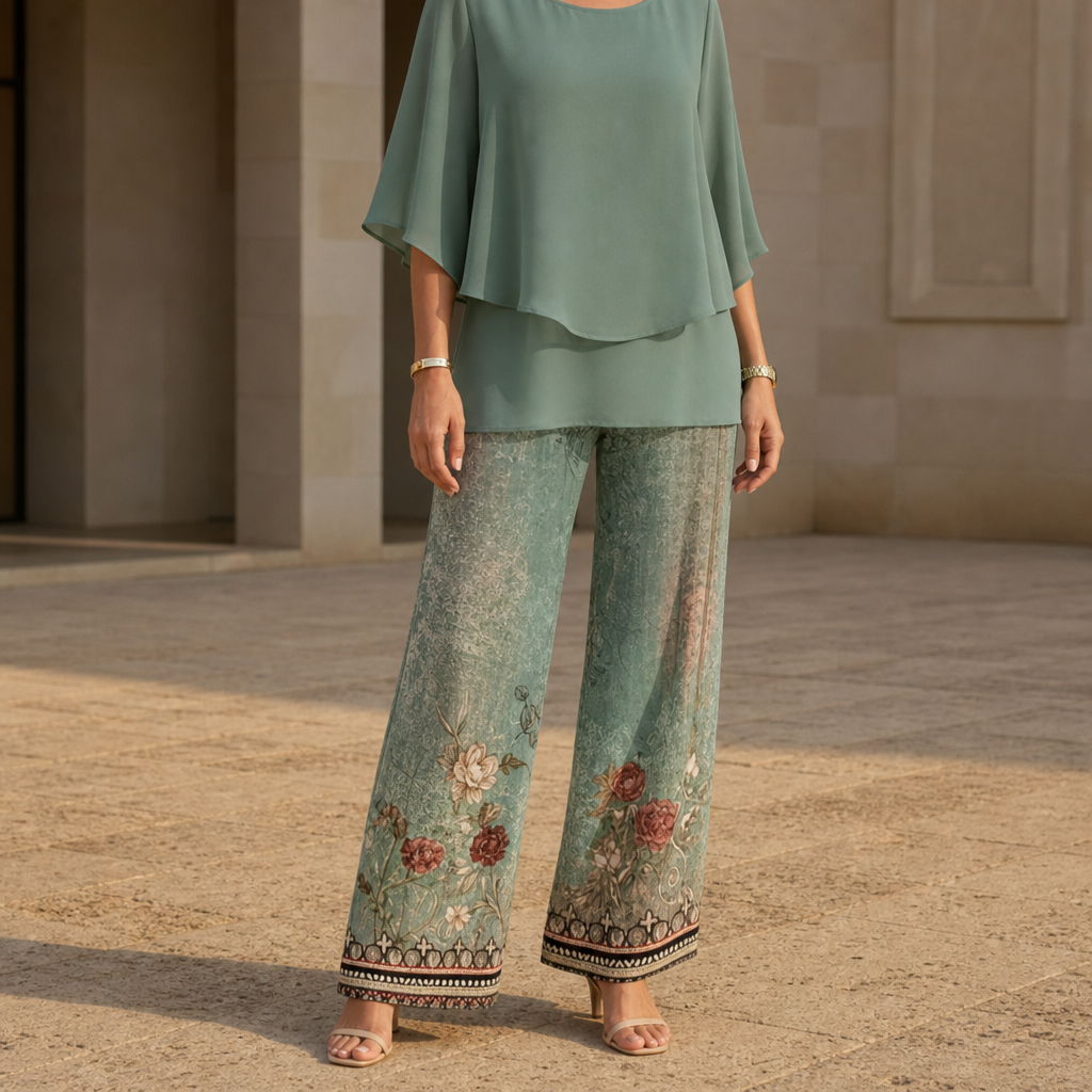 Bellagio Floral Chiffon Two-Piece Set in Teal