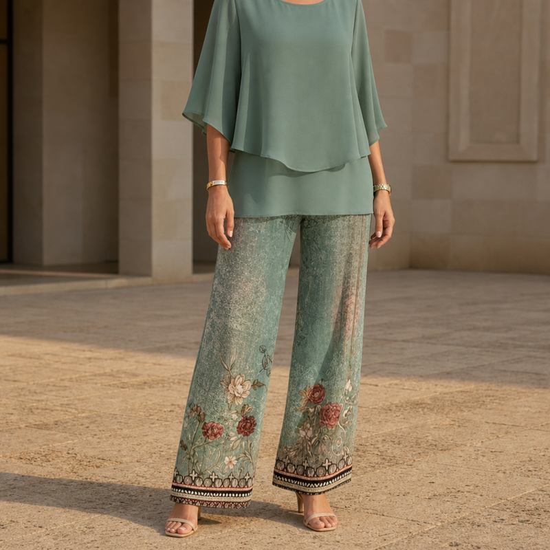 Bellagio Floral Chiffon Two-Piece Set in Teal