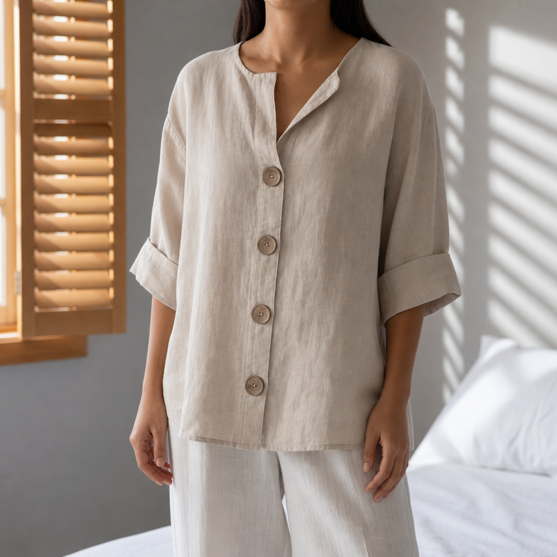 Spetses Linen Button-Up Blouse in Apricot