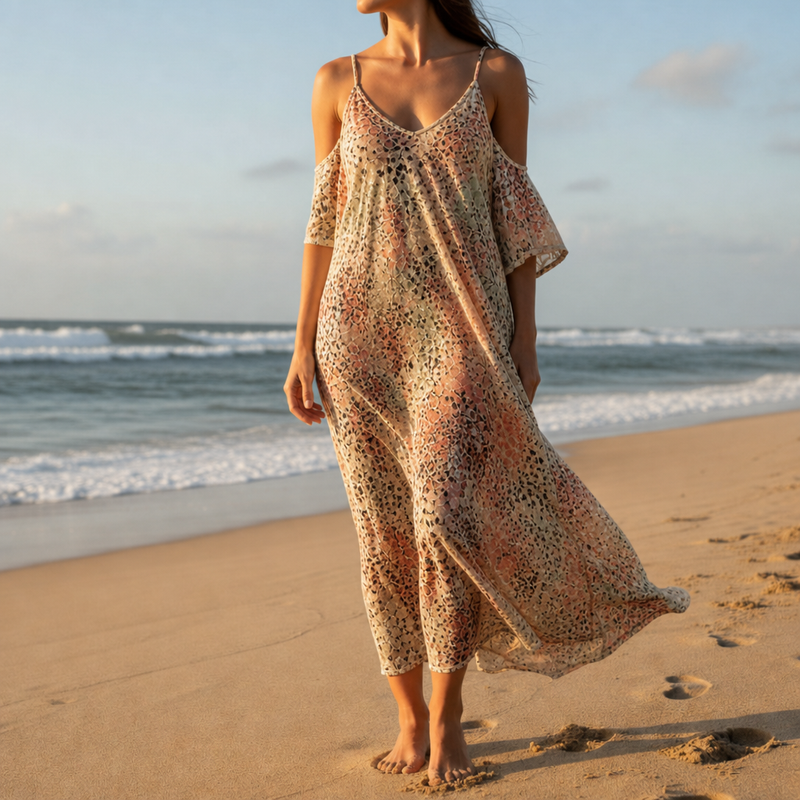 Camogli Floral Print Midi Dress in Beige