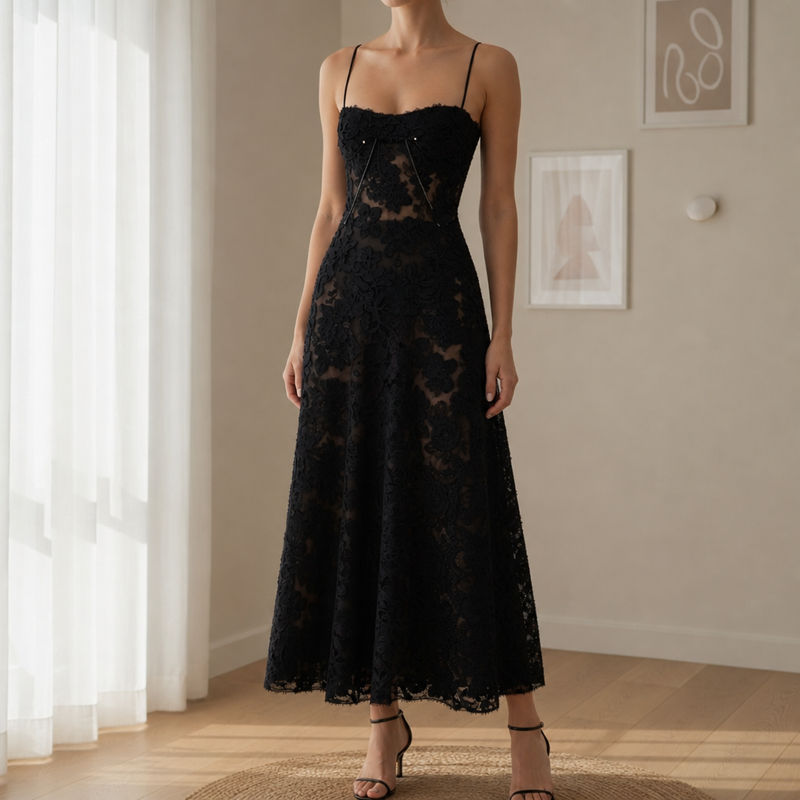 Pollensa Jacquard Slip Maxi Dress in Black