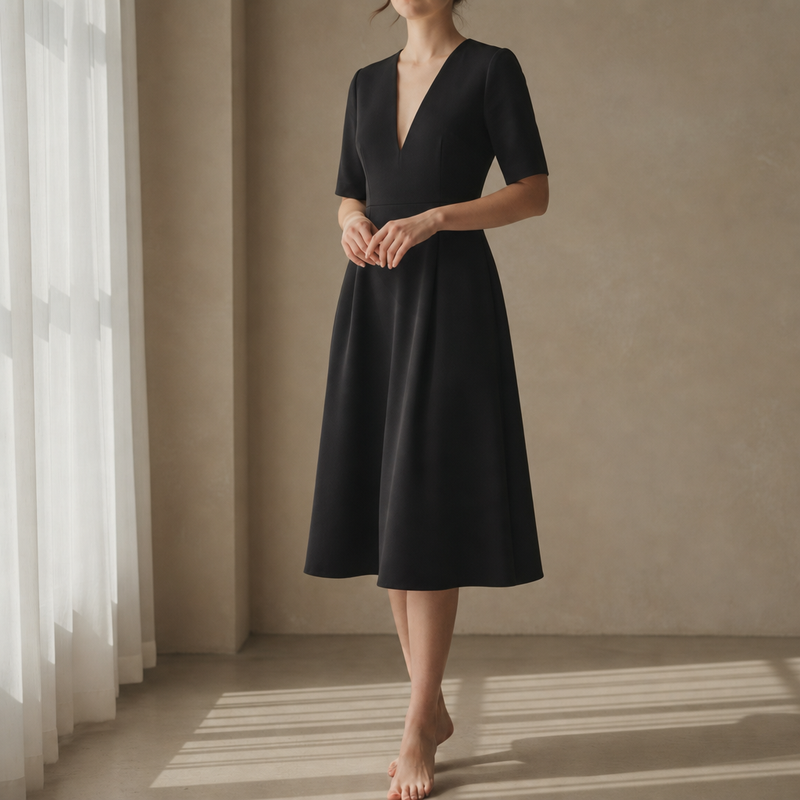 Eze Deep V-Neck Midi Dress in Black