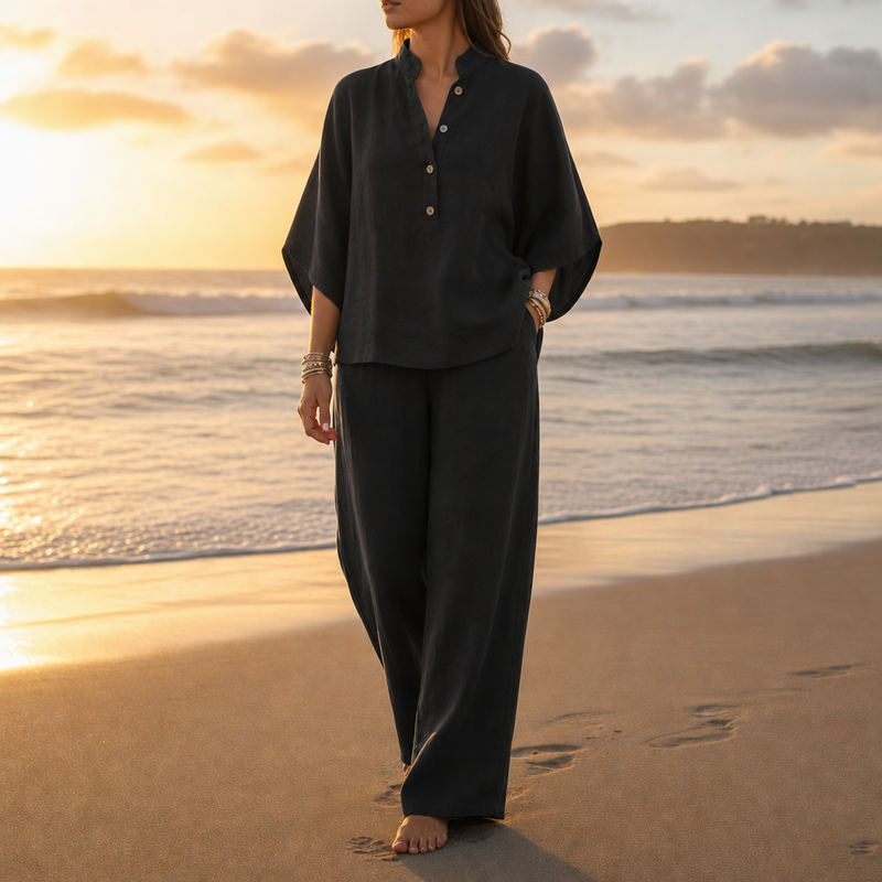 Mojacar Linen Kimono Sleeve Set in Black