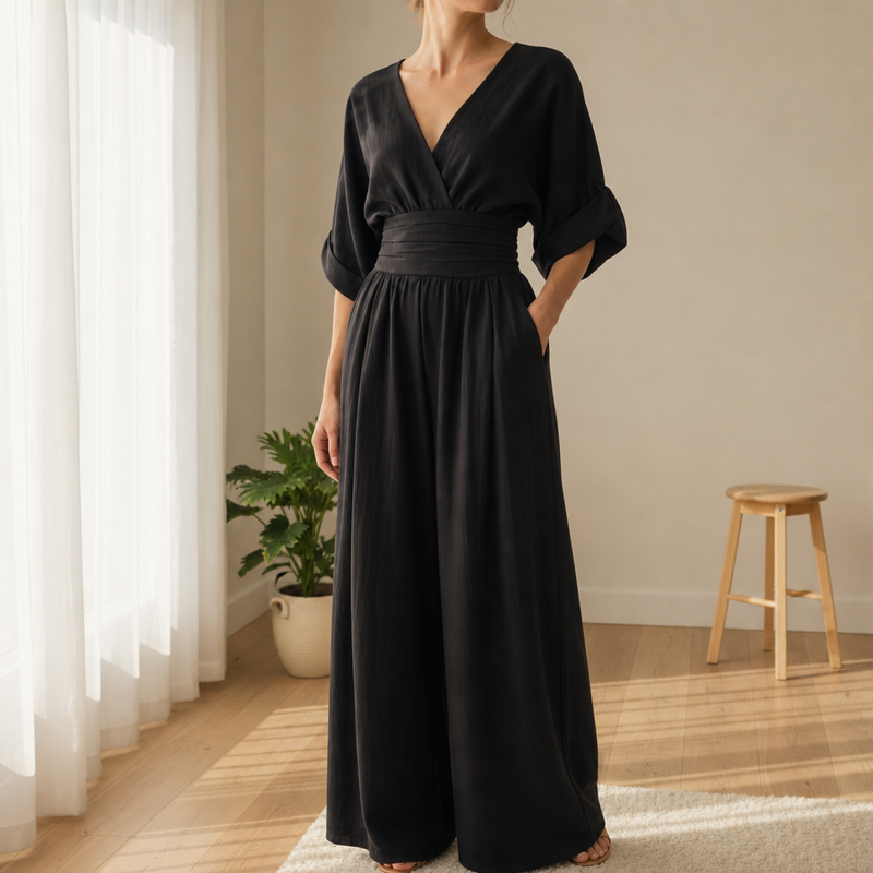 Serifos V-Neck Wide-Leg Jumpsuit in Black
