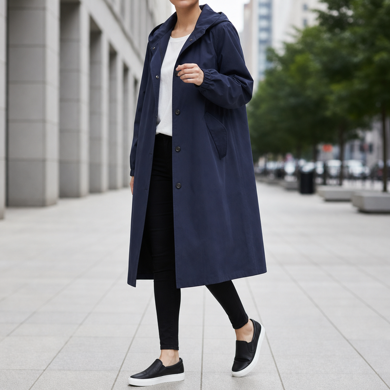Kythnos Hooded Long Trench Coat in Blue