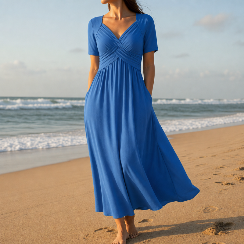 Tinos Crossfront A-Line Midi Dress in Blue