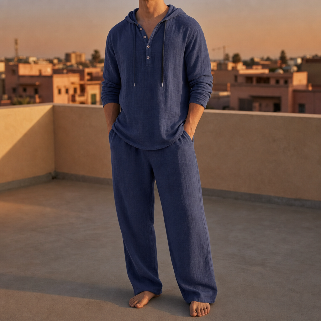Paxos Hooded Henley Linen Set in Blue
