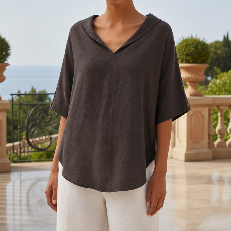 Malaga Linen V-Neck Blouse in Brown