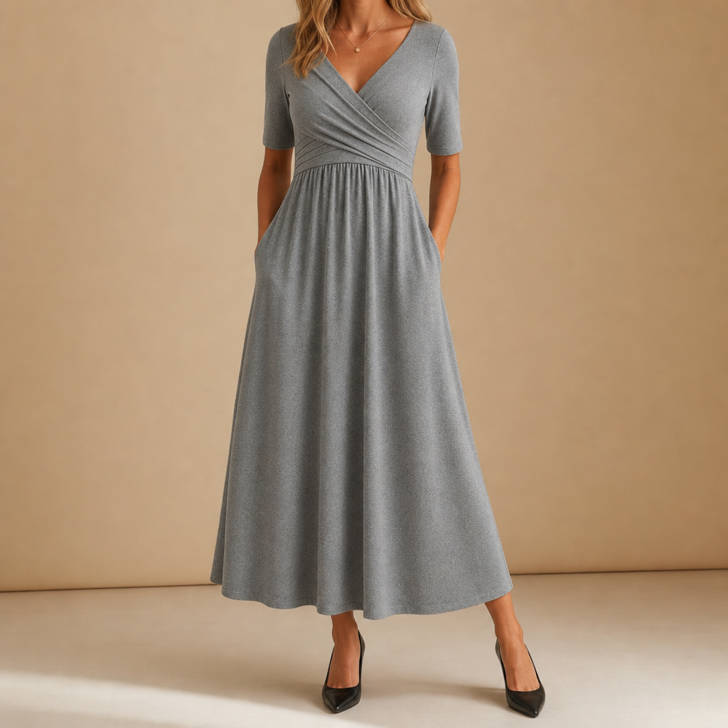 Chios Crossover Bodice Midi Dress in Gray
