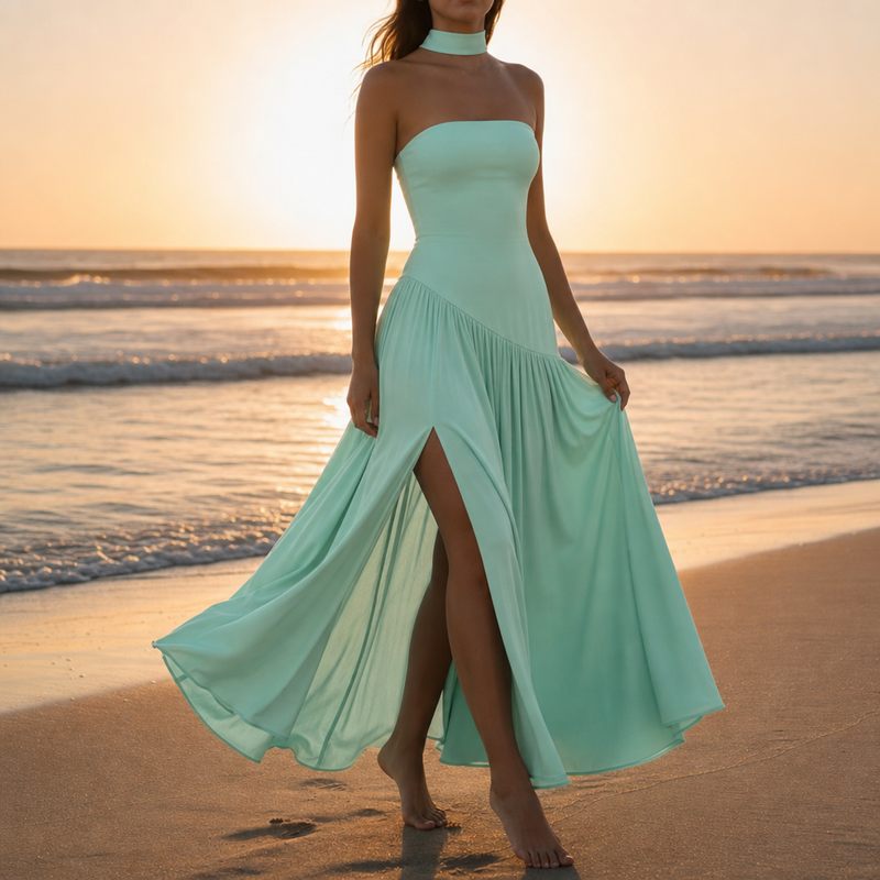Ravello Strapless Slit Maxi Dress in Green
