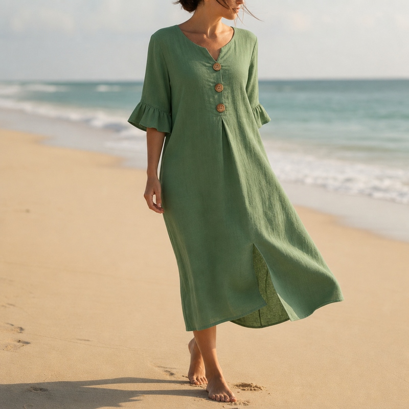 Narbonne Button Front Midi Dress in Green