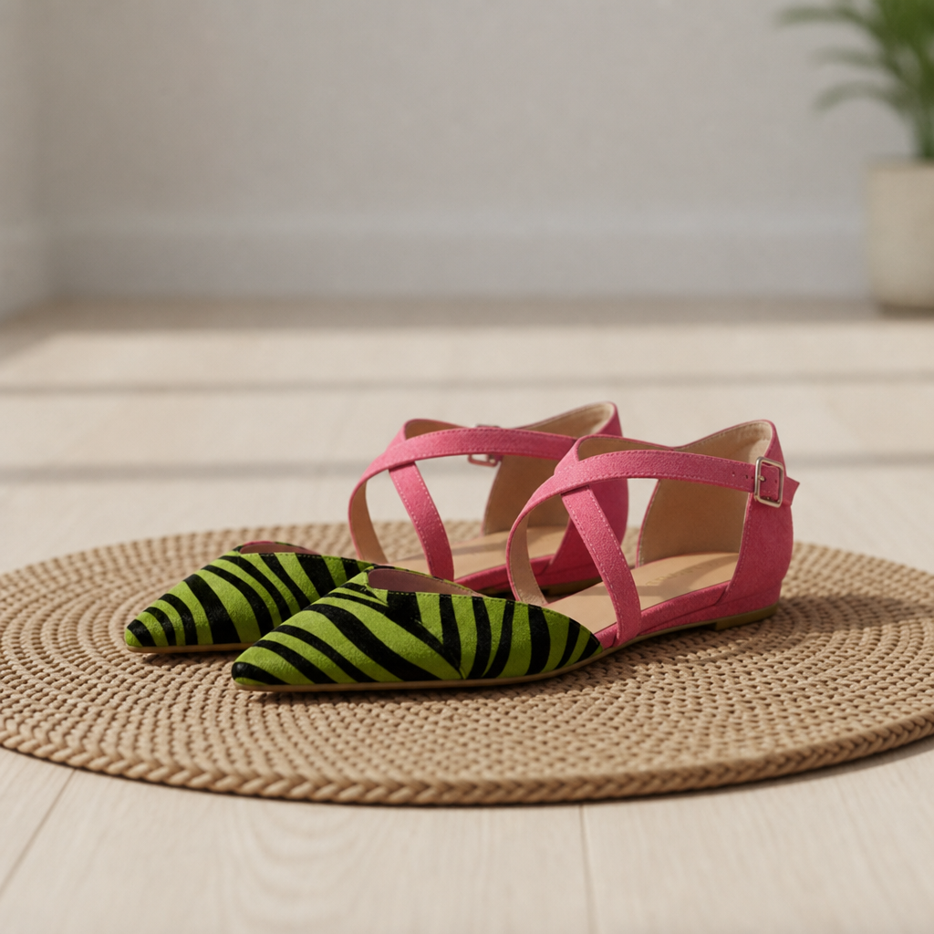Volterra Zebra Print Cross-Strap Flats in Green