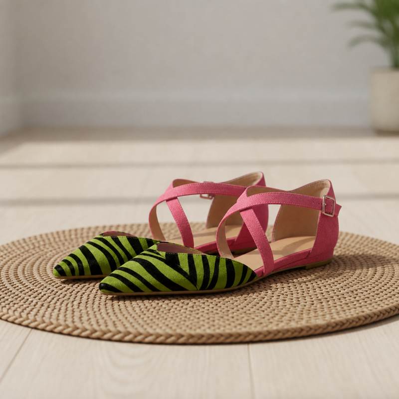 Volterra Zebra Print Cross-Strap Flats in Green