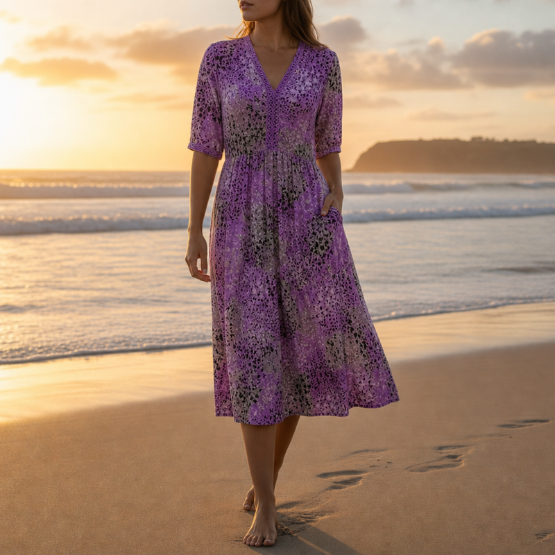 Arles Floral Print Midi Dress in Lavender Purple