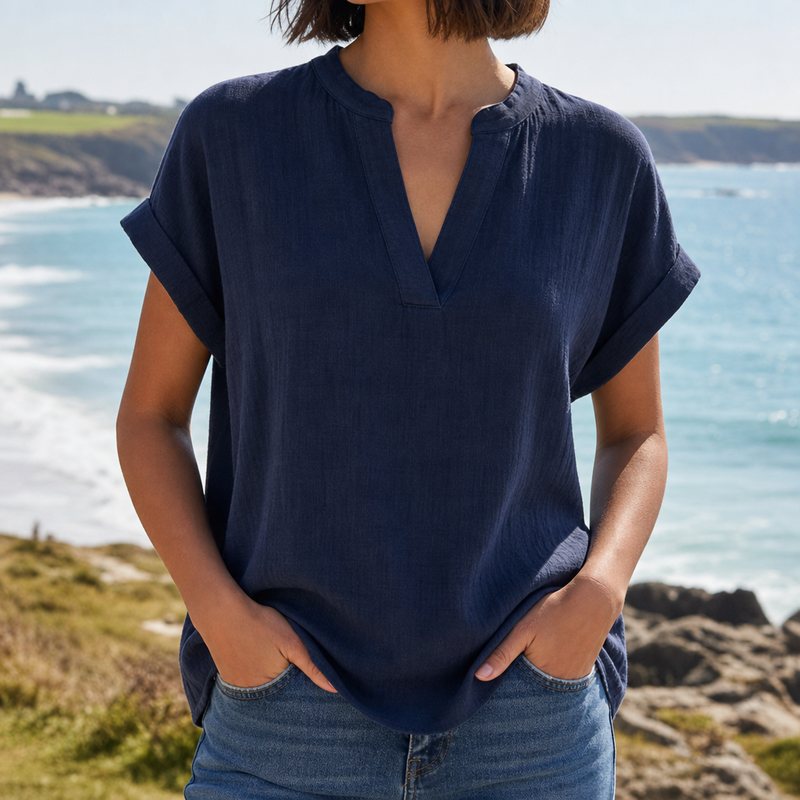 Sagres Notched V-Neck Blouse in Navy Blue
