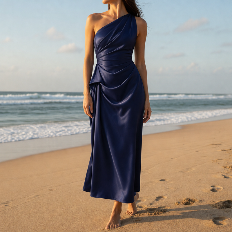 Almeria Ruched Satin Midi Dress in Navy Blue