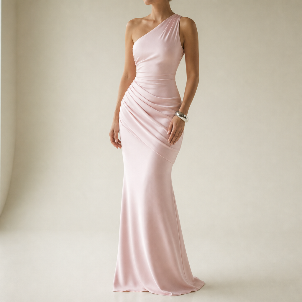 Baeza One Shoulder Satin Gown in Pink