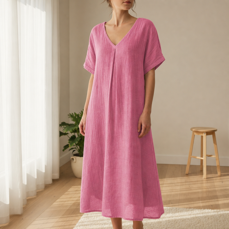 Monreale Relaxed Linen Midi Dress in Pink