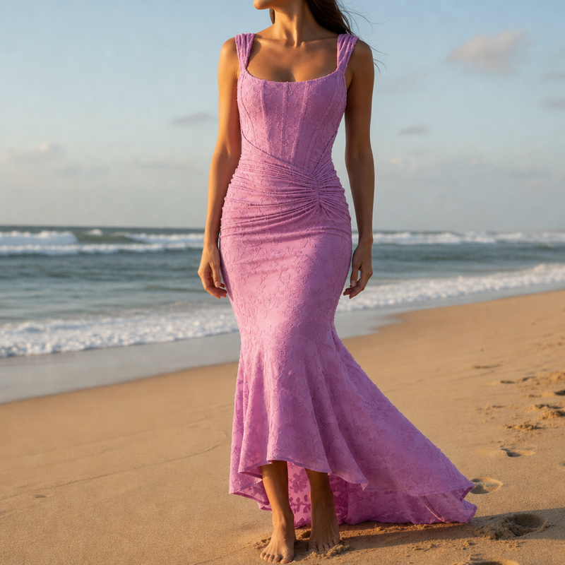 Sperlonga Lace High-Low Mermaid Dress in Purple-1